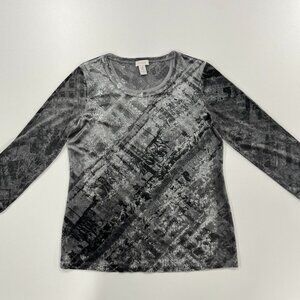 Chico's Size 3 Long Sleeve Scoop Neck Velvet Black & Gray Blouse Womens Floral